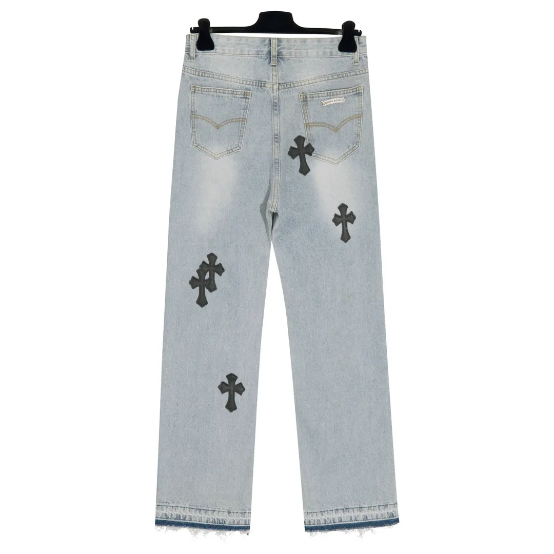 P206 [Next day] Chrome Heart Cross patch leather jeans Top heavy washing process Calf leather laser cut cross Distressed silver hardware Straight version slimming the upper body High-end quality distinguishes the market currency Color: light blue and black Size: S M L XL Detailed sizes can be found in Figure 9
